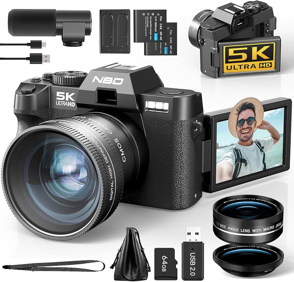 NBD 5K 64MP Appareil Photo numérique avec autofocus, Zoom numérique 16x, Écran IPS 3" 180°, WiFi + Lentille Grand Angle/Macro + Micro Externe + Carte 64GB + 2 Batteries (Noir)