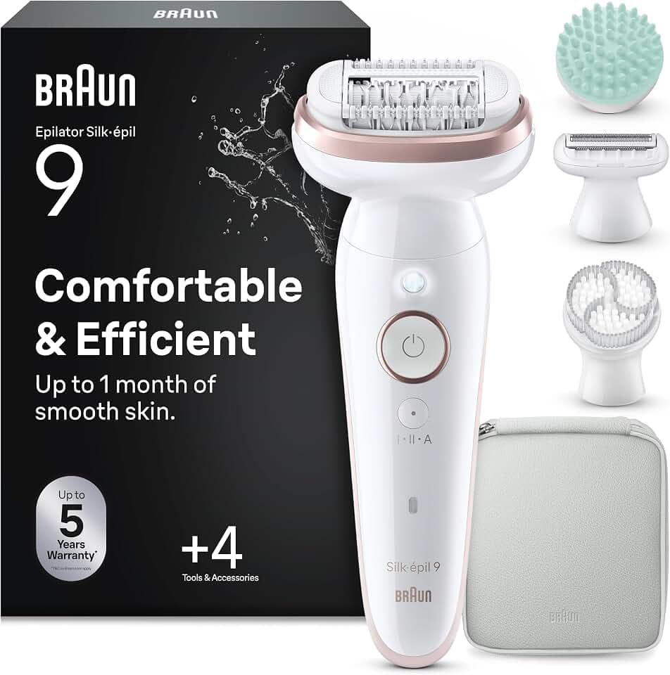 Braun Epilateur Electrique Pour Femmes Silk-épil 9 9-080, Tête Flexible 360° Pour Epilation Facile, Etanche, Sans Fil, Avec Tête De Rasoir, Brosse Exfoliante Et Sabot Tondeuse, Kit De Spa Tout-En-Un GreenCircle Certified: Certified Energy Savings