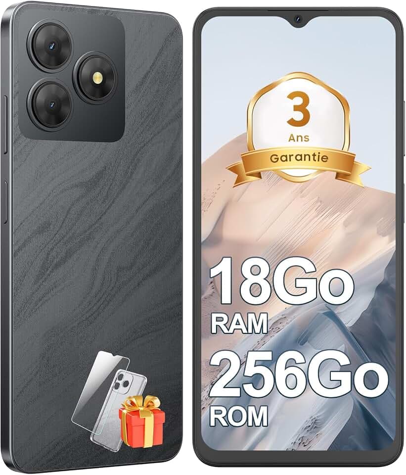 Telephone Portable Android, 18Go+256Go/TF 2To Octa Core Smartphone | Écran 6.56" HD+, Batterie 5000mAh, 13MP+8MP, Smartphone Pas Cher 4G Dual SIM, Face ID/GPS/3Ans De Garantie - Noir