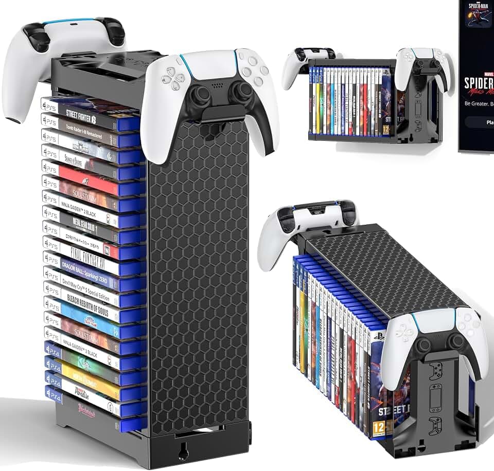 Support Universel Organisateur pour Jeux Vidéo, Tour de Rangement Compatibilité avec PS5/Switch 2/Xbox One/Series/PS4/PSP (20 Disques+Accessoires)，Support de Organisateur Design Vertical & Horizontal