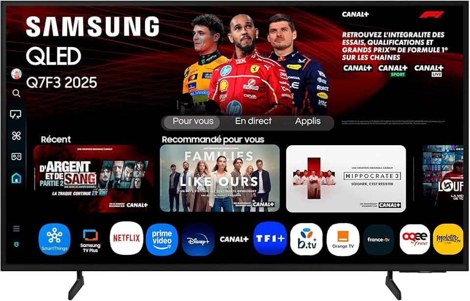 Samsung TV AI 65 Pouces QLED 65Q7F3 4K Smart TV, Quantum Dots, Q4 AI Processor, WiFi, Airplay, HDR, Q-Symphony, OTS Lite, Knox Security, Gaming Hub, Bixby, Application opérateurs intégrées | Quantum Dots, Q4 AI Processor, Airplay, HDR, Q-Symphony, OTS Lite, Knox Security, Gaming Hub, Apps opérateurs intégrées