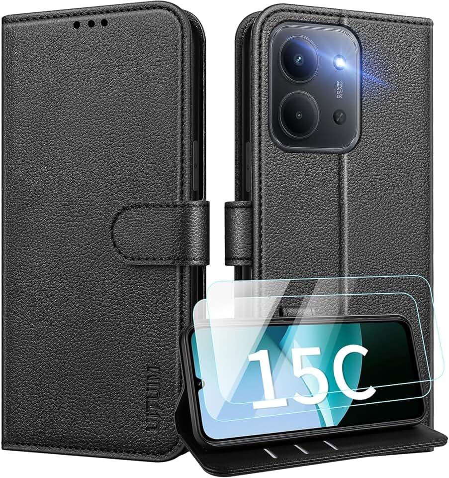 Coque pour Xiaomi Redmi 15C 5G/4G Etui Pochette en Cuir, Noir | Portefeuille à Rabat Étui avec 2 Verre Trempé Protection Écran Porte Carte RFID Clapet Flip Case Cover Antichoc Housse