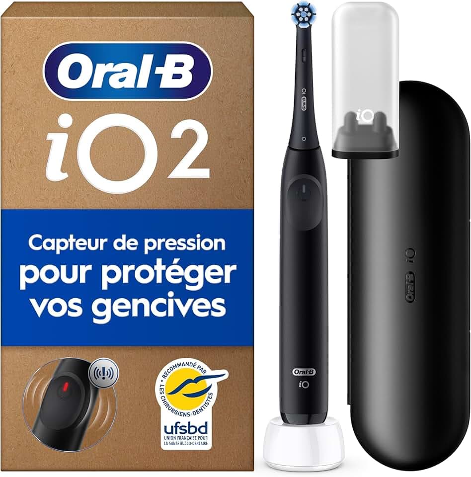 Oral-B Brosse à Dents Electrique iO 2 avec 1 Brossette de Rechange, Noire | 3 Modes de Brossage Silencieux dont Douceur, Capteur de Pression sur les Gencives, Batterie Rechargeable, Etui, Chargeur