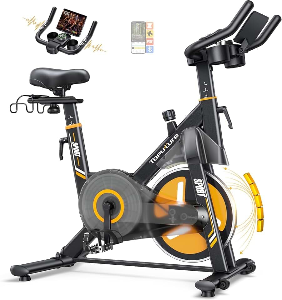 TOPUTURE Velo d Appartement, Vélo d'Appartement Silencieux avec Résistance Magnétique Électrique 32 Niveaux, Écran Tactile Haut de Gamme avec App et Capteur Cardiaque, Support Haltères, Capacité 150kg