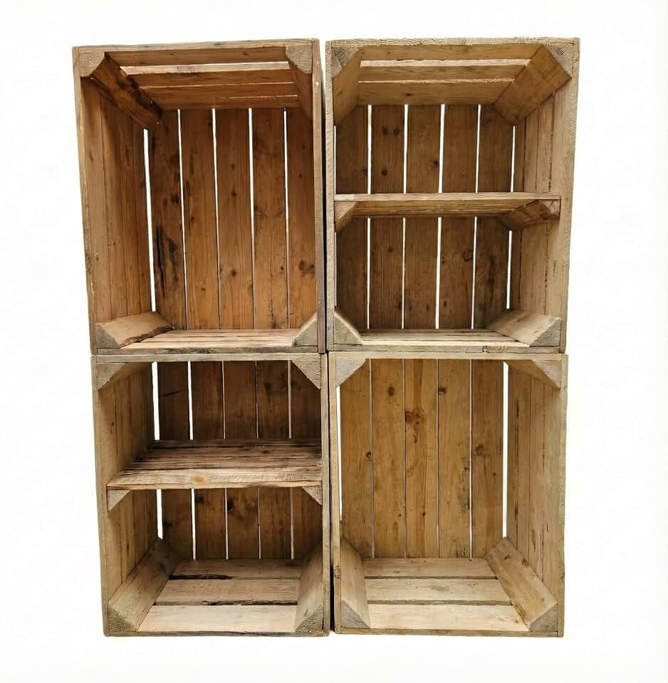 teramico teramico Lot de 4 caisses en Bois d'occasion Vintage - Caisses à Fruits/vin d'origine de la Culture fruitière avec Compartiment de Rangement - 50 x 40 x 30 cm - Lot de 4-2 étagères Courtes