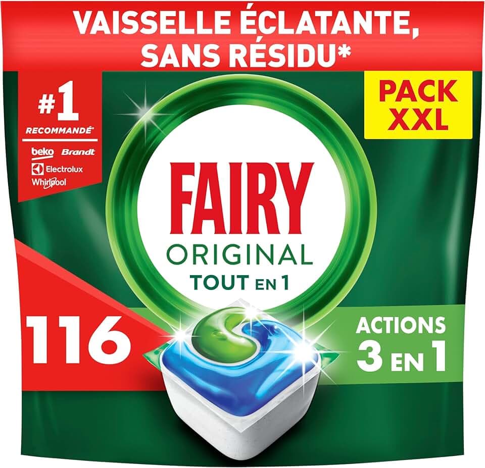 Fairy Original Tablettes Lave-Vaisselle Tout-en-1, 116 Tablettes, Sans Parfum, Efficaces Contre La Graisse Incrustée, Dissolution Ultra-Rapide, Sans Odeur ni Résidus