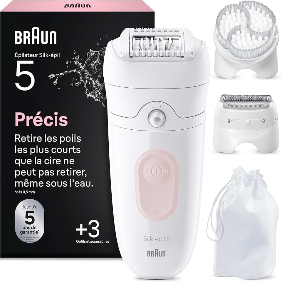Braun Epilateur Electrique Femme Silk Epil 5, 5-060, Blanc et Rose Flamant | Etanche, sans Fil, Embout Rouleau de Massage, Coffret Epilation avec Tête de Rasage, Sabot Tondeuse, Brosse Exfoliante GreenCircle Certified: Certified Energy Savings