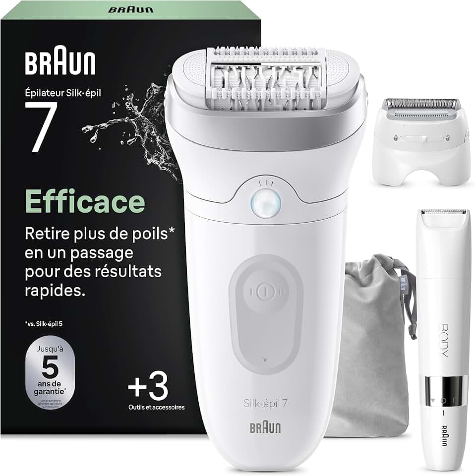 Braun Epilateur Electrique Femme Silk Epil 7 7-441, Gris et Blanc | Etanche, sans Fil, Embout Rouleau de Massage, Coffret Epilation avec mini Tondeuse Corps, Tête de Rasage GreenCircle Certified: Certified Energy Savings