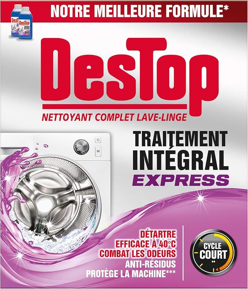 Destop Nettoyant Lave‑Linge Anti‑Calcaire Express – Nettoyage Machine, Élimine Odeurs, Résidus et Moisissures – 2 Doses