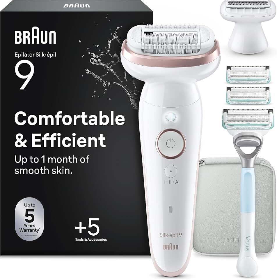 Braun Epilateur Electrique Femme Silk Epil 9, 9-130, Blanc et Rose Quartz | Etanche, sans Fil, Tête Pivotante, Coffret avec Embout de Rasoir, Sabot Tondeuse, Manche et Cartouche Gillette Venus GreenCircle Certified: Certified Energy Savings