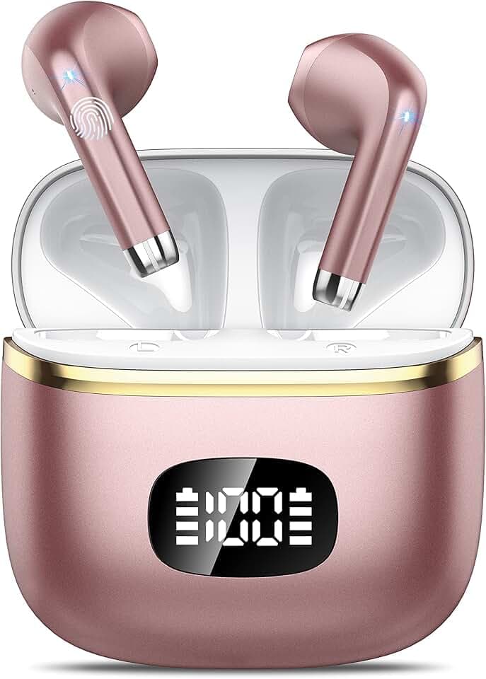 Ecouteurs Bluetooth sans Fil,2023 5.3 ENC Réduction Casque,40 Heures Durée de Lecture Écran LED,Hi-FI Son Stéréo,IP7 Étanche,Contrôle Tactile Oreillette Bluetooth W23 Or Rose ClimeCo Certified