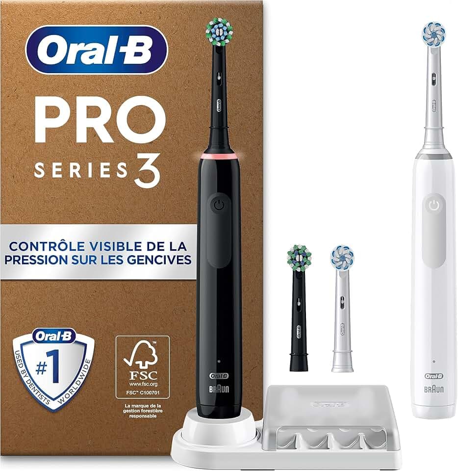 Oral-B Pro 3 Brosses À Dents Électriques Noire Et Blanche, Un Capteur De Pression Pour Protéger Les Gencives Sensibles, Des Accessoires, 4 Brossettes Rondes De Rechange, 1 Chargeur, Emballage Carton
