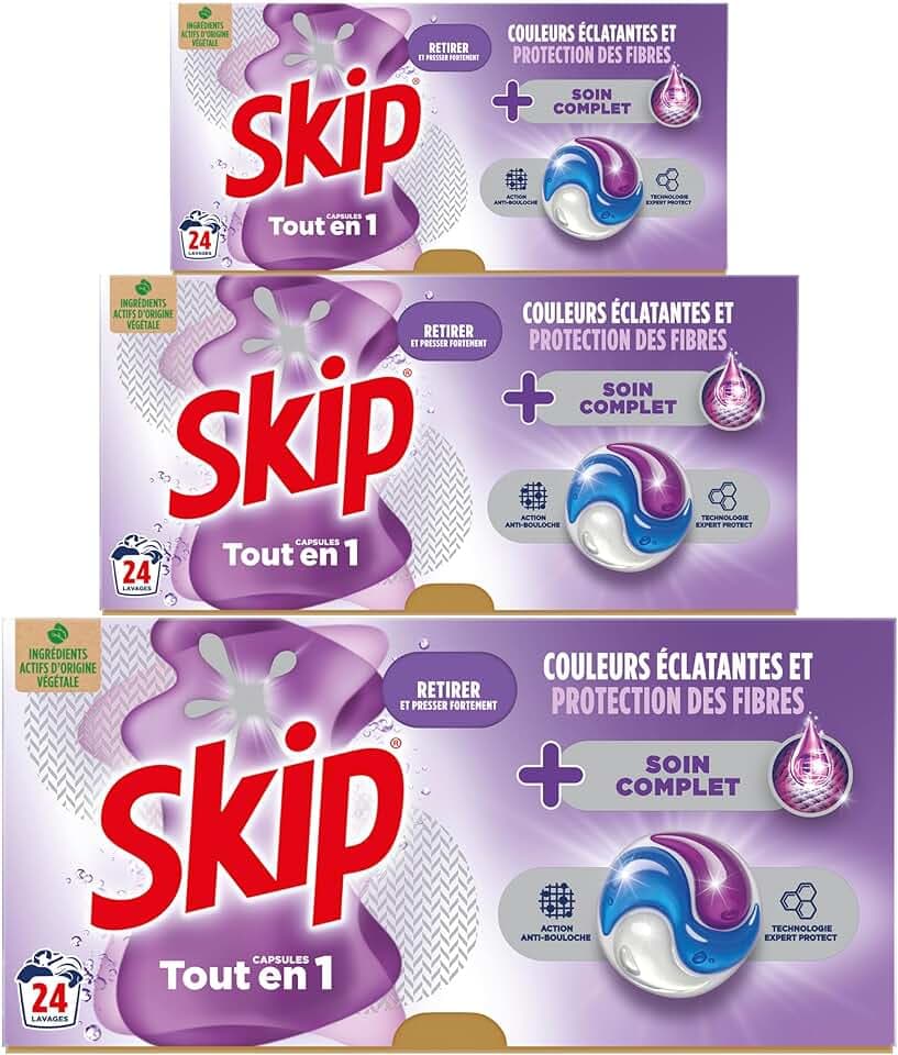 SKIP - Lessive liquide en capsules Tout en 1 - 72 lavages - Soin Complet - Couleurs éclatantes et protection des fibres (lot prOMO 3x24) | Lessive capsules pour des couleurs éclatantes, technologie anti-bouloches et anti-déformation, efficace dès 30°C