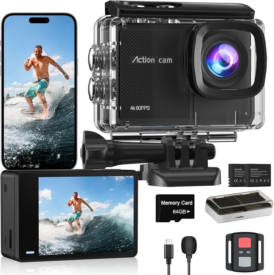 Caméra Sport 4K 60FPS avec Micro SD 64GB,8X Zoom 131ft Caméras Étanche,48MP Caméra d'action EIS,170° Camérasous-Marine Télécommande WiFi 2 * 1350 mAh Divers Accessoires