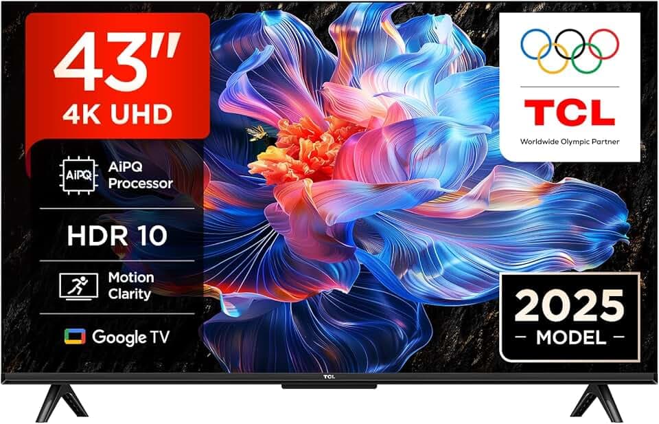 TCL 43V6C TV 43" 4K UHD Smart LED TV, 4K HDR, Google TV avec design sans bords (Dolby Audio, Motion Clarity, compatible avec Google Assistant et Alexa)