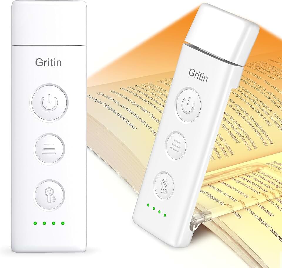 Gritin Lampe de Lecture Rechargeable, Liseuse Lampe Clip Marque-Page au Lit | 3 Couleurs Protection des Yeux& 5 Luminosités Réglables en Continu, Légère Compacte& Durable, Cadeaux pour Lecteurs de Livres