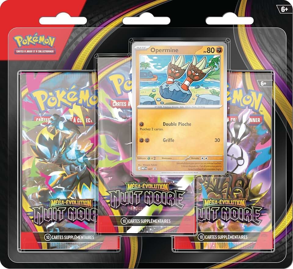 Pokémon : Blister de Trois boosters Méga-Évolution – Nuit Noire (1 Carte Promo Brillante et 3 boosters)