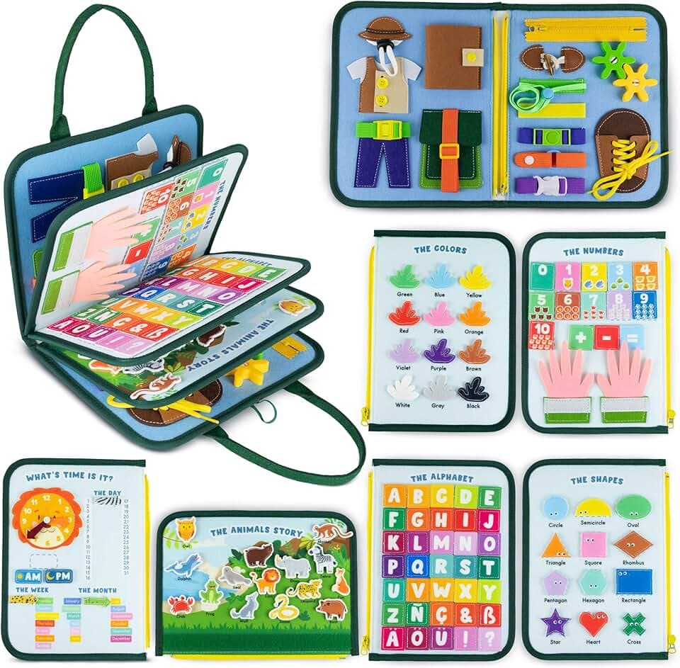BONNYCO Busy Board Montessori de Feutre. Jouet Montessori Educatif, Malette Busy Book Motricité Fine. Jouets d'Activité et de Développement, Cadeau Enfant Garcon Fille 1 2 3 4 5 6 Anniversaire Noel