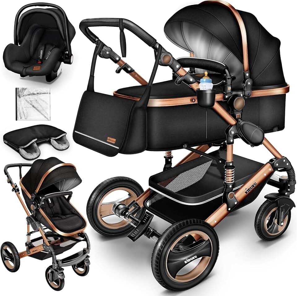 KIDUKU® Poussette Combinée 3 en 1 | Trio pour Enfants | Siége Auto Légère, Piable | Nacelle Souple Convertible | Set de Voyage (Noir/Champagne)