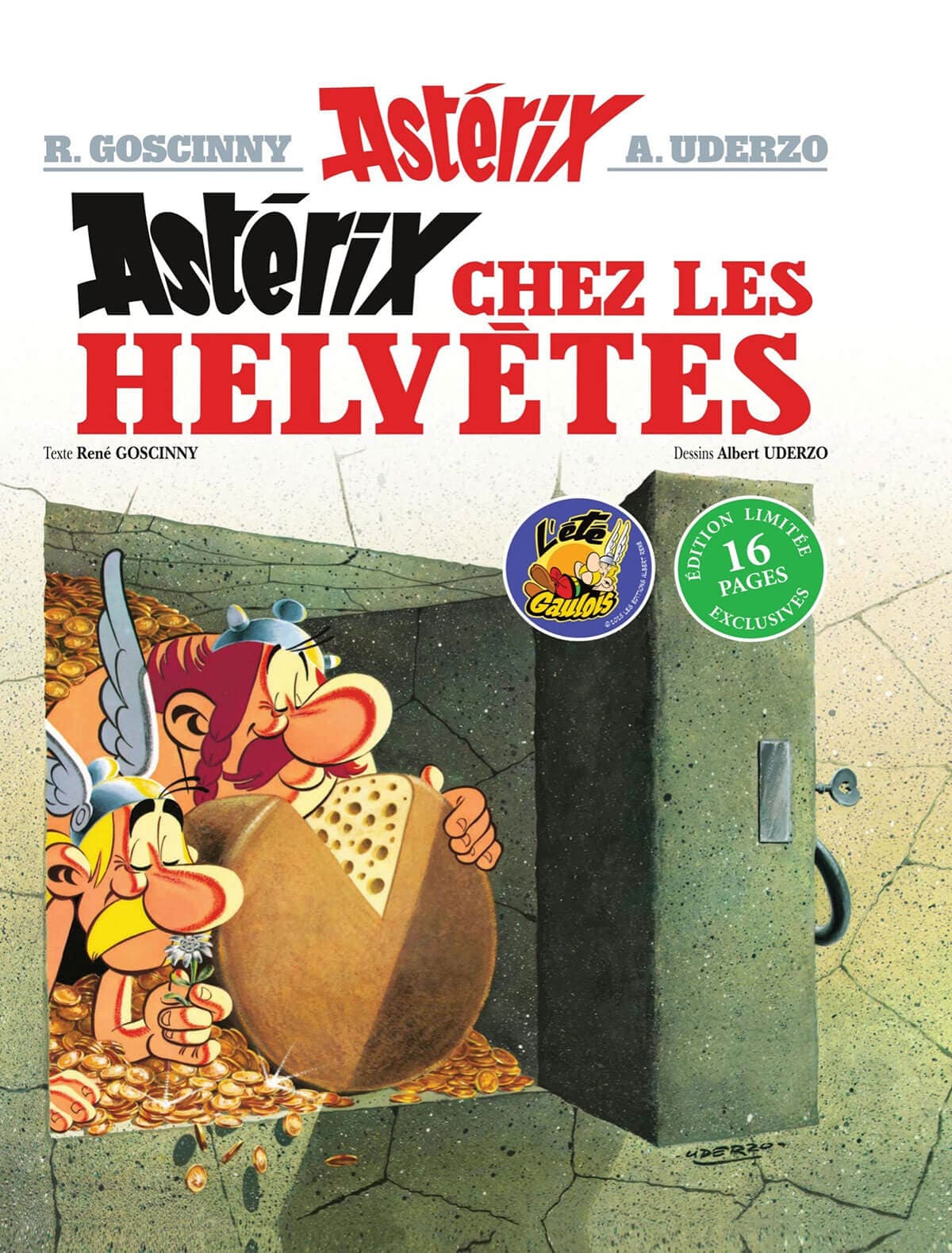 L'album au format classique + un dossier documentaire de 16 pages.  Dans cet album :  Le gouverneur de la province de Rennes pratique activement le « recel et abus de biens sociaux avec enrichissement personnel », c'est-à-dire qu'il profite de sa situation pour s'enrichir. Aussi, quand Rome envoie un questeur pour vérifier ses comptes, il l'empoisonne. Mais le questeur fait appel à Panoramix, qui a besoin pour pouvoir le soigner de faire une potion à base d'Edelweiss.Voilà donc Astérix et Obélix partis en Suisse, engagés dans une course contre la montre pour cueillir et rapporter une de ces fleurs. Ils devront aussi échapper aux légionnaires que le gouverneur de Genève, ami du gouverneur de Rennes, a lancé à leurs trousses.