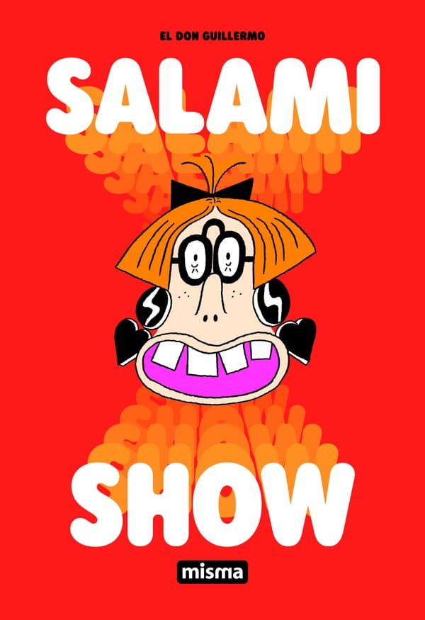 SALAMI SHOW une émission présentée par Salami. Bonsoir et bienvenue au Salami Show, votre soirée TV sous le signe de l'aventure et du divertissement ! Accrochez-vous à votre télécommande et suivez Salami, notre envoyée spéciale de choc (mais pas de charme), dans les affaires les plus invraisemblables possibles. Au programme, 6 reportages exclusifs. Coup de spleen chez les dauphins : au parc aquatique de Marinella, les dauphins n'ont pas bonne mine et tombent les uns après les autres dans une drôle de dépression.Le Feu aux trousses : un étrange cas de combustion spontanée en milieu musclé. Du plomb dans l'aile : le vol migratoire de la fauvette à tête noire interrompue par une mue anormale. 20000 montres sous la terre : des enfants en classe découverte de spéléologie coincés sous terre et pris en otages par d'horribles monstres. Elémentaire mon cher Scooter : Un dangereux serial-killer éventreur de peluches sévit dans les rues de l'est londonien.L'arracheur de dent : dans la maison de retraite Les Alouettes, les pensionnaires se font arracher les dents pendant leur sommeil. Salami est une présentatrice-télé plutôt godiche et momoche, qui n'a pas froid aux yeux et est prête à tout pour réussir dans le showbiz. Lors d'un casting, Pedro Almodovar, directeur de la chaine Misma TV, voit en ce physique particulier un certain potentiel télévisuel et décide de lui confier sa propre émission : le SALAMI SHOW.Envoyée sur le terrain pour couvrir des faits divers de la plus grande banalité, Salami se retrouve systématiquement fourrée dans des affaires aux intrigues incroyables. Avec Scooter, son fidèle assistant-cameraman caché dans son sac à main, ils tentent de résoudre les enquêtes et de rapporter des reportages croustillants pour relever l'audience de la chaîne. El don Guillermo créé les premières aventures de Salami et Scooter pour la revue DOPUTUTTO MAX de Misma.Il invente une émission de télévision absurde, LE SALAMI SHOW, avec sa présentatrice loufoque qui lui permet d'écrire des récits érotico-comiques sur fond de polar. Salami, femme émancipée au style exubérant et à la sexualité débridée, rend hommage aux actrices des premiers films d'Almodovar et El don Guillermo va même jusqu'à faire du célèbre cinéaste espagnol l'un des personnages principaux de sa série en lui attribuant le rôle de directeur de la chaîne Misma TV.Quant à Scooter, animal d'espèce indéterminée dont la carapace peut prendre la forme d'un sac à main ou tout autre objet rencontré en chemin, il deviendra rapidement la mascotte et l'égérie de la marque MISMA. Cet album SALAMI SHOW réunit tous les épisodes parus à ce jour plus de nombreux inédits, dans une édition intégrale de 156 pages entièrement mises en couleurs pour cette édition. De quoi se payer une bonne tranche de rigolade !