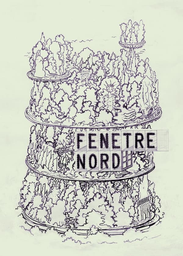 Fenêtre Nord est une bande dessinée constituée de courts récits muets en grande partie improvisés. L'oeil, le nôtre mais aussi celui, dessiné, faisant office de principal protagoniste, se balade dans un environnement familier (jardin, maison, table, fenêtre, vaisselle, etc...). Il assiste à des événements banals, emblématiques d'une vie normée (une fête d'anniversaire, une partie de foot), qui, passés à la moulinette du traitement graphique frénétique accumulatoire de Pierre Marty nous plonge dans l'Unheimlich, l'Inquiétante Étrangeté décrite par Freud. Le flux d'images dessinées à l'encre noire, retouchées à l'excès, collées, montées en planches reproduite avec toute leur matérialité nous entraîne dans un voyage mental qui bouscule notre indifférence aux choses du quotidien. Et l'on découvrira enfin la texture de l'ennui.