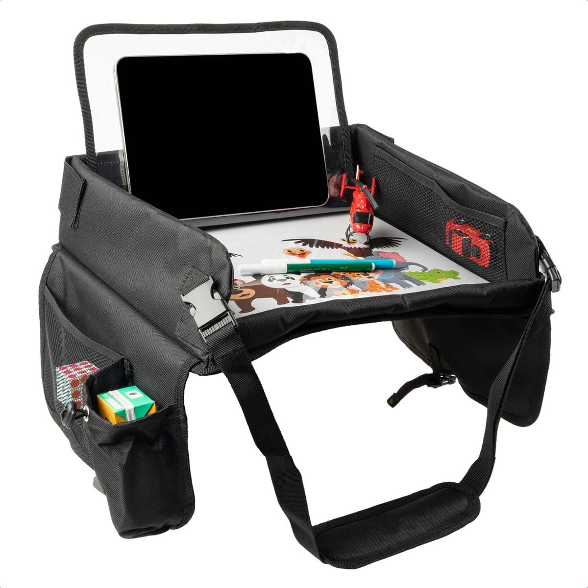 imoshion Table de voyage - Support de tablette voiture - 7 compartiments de rangement - Inclus 2 coloriages - Noir