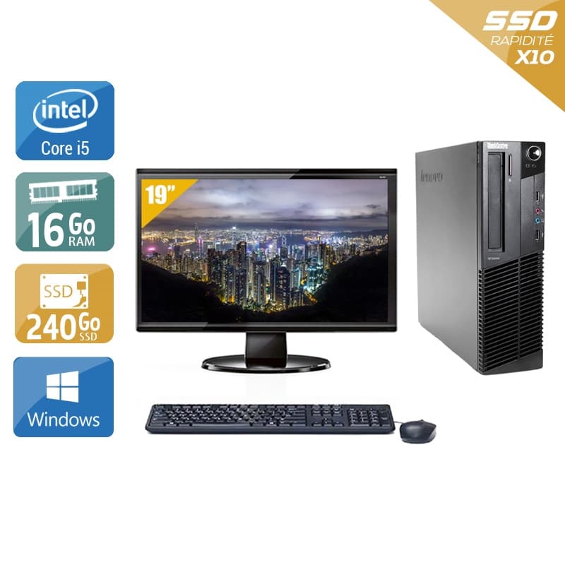 Lenovo ThinkCentre M90 SFF i5 + Écran - 19'' 16Go RAM 240Go SSD Windows 10 Bon étatOccasion certifiée reconditionnée
