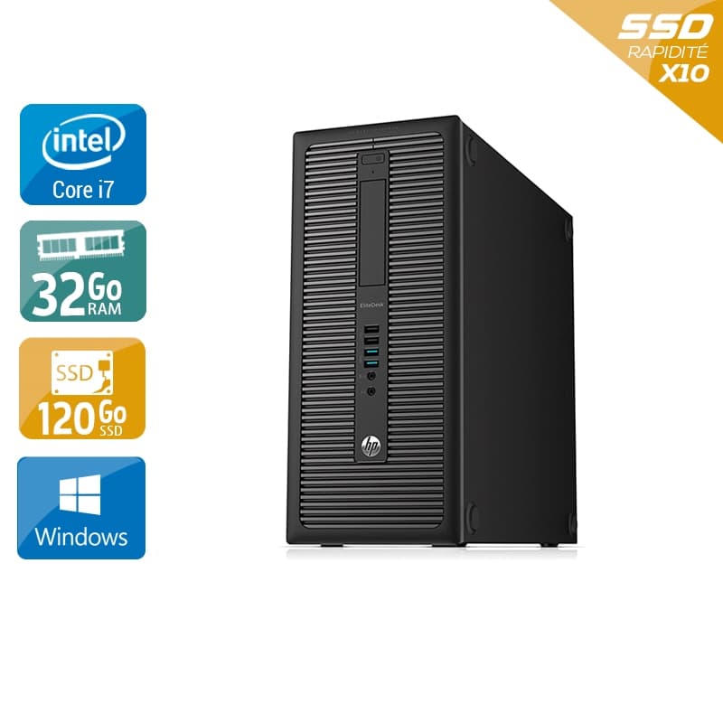 HP EliteDesk 800 G1 Tower i7 - 32Go RAM 120Go SSD Windows 10 État correctOccasion certifiée reconditionnée