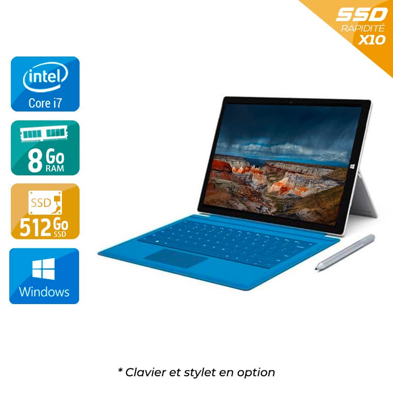 Microsoft Surface Pro 3 12'' i7 8Go RAM 512Go SSD Windows 10 État correctOccasion certifiée reconditionnée