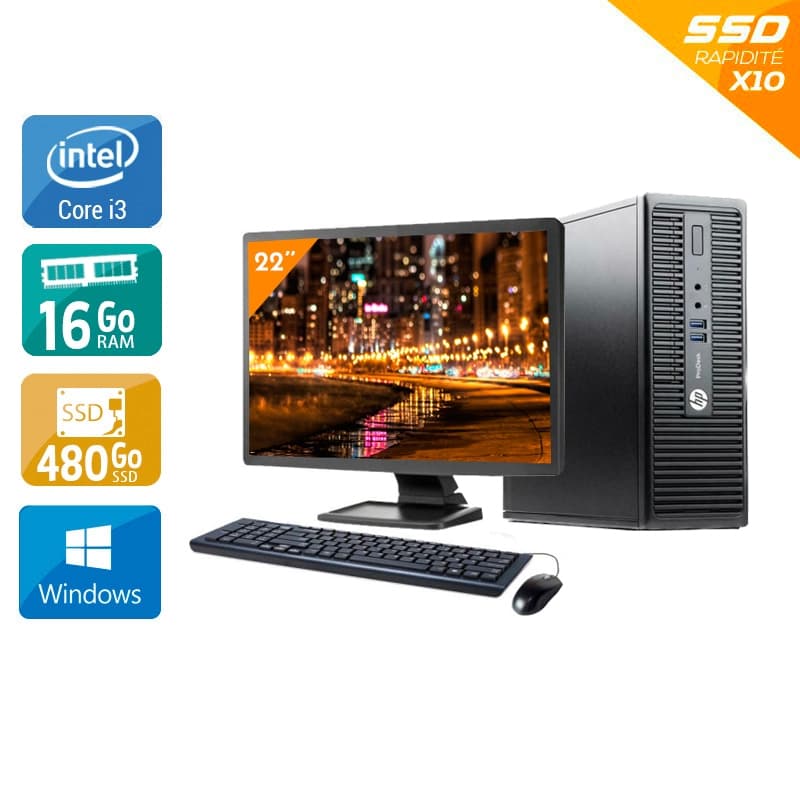 HP ProDesk 400 G3 SFF i3 Gen 6 Ecran 22 '' 16Go RAM 480Go SSD Windows 10 État correctOccasion certifiée reconditionnée