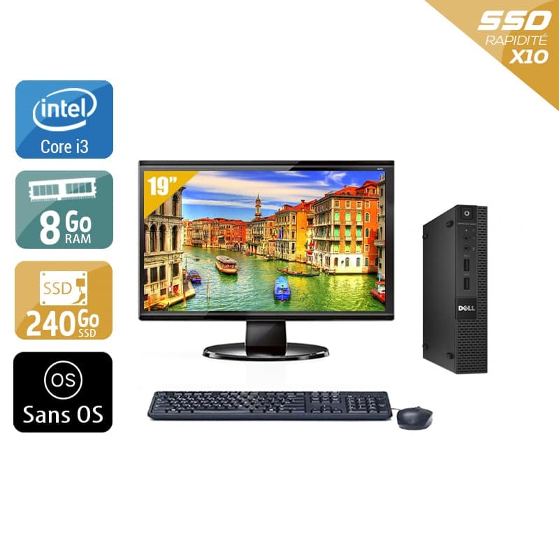 Dell Optiplex 3020M Micro i3 + Écran - 19'' 8Go RAM 240Go SSD Sans OS Bon étatOccasion certifiée reconditionnée