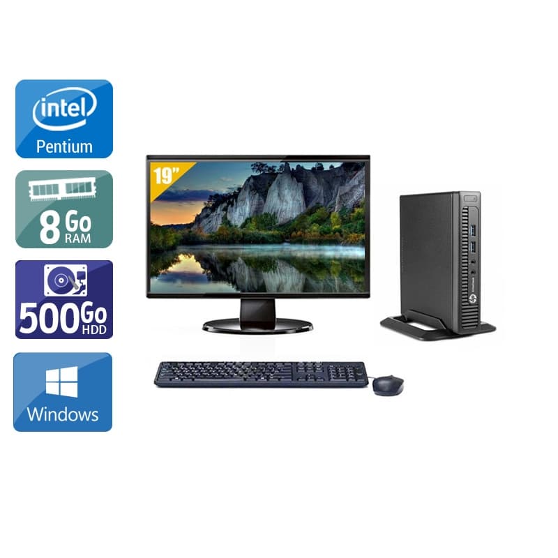 HP EliteDesk 800 G1 TINY Pentium G Dual Core + Écran - 19'' 8Go RAM 500Go HDD Windows 10 Très bon étatOccasion certifiée reconditionnée
