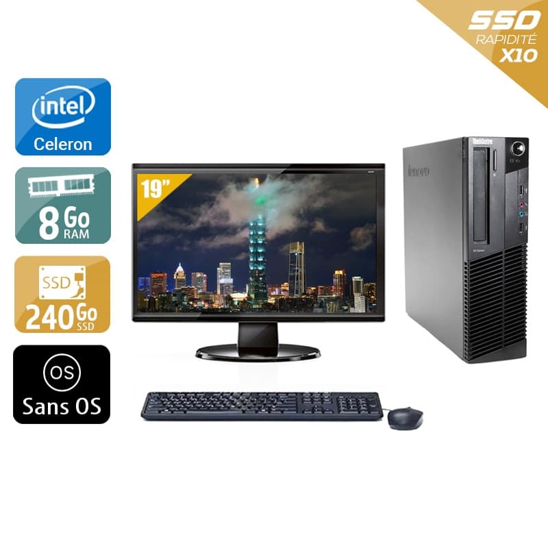 Lenovo ThinkCentre M83 SFF Celeron Dual Core + Écran - 19'' 8Go RAM 240Go SSD Sans OS Bon étatOccasion certifiée reconditionnée