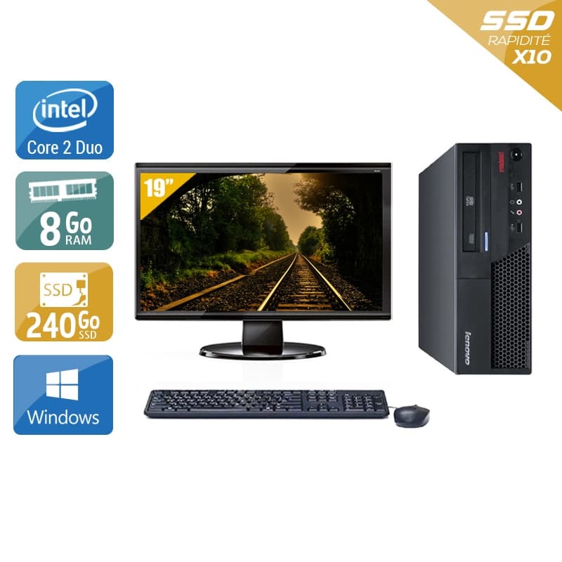 Lenovo ThinkCentre M57 SFF Core 2 Duo + Écran - 19'' 8Go RAM 240Go SSD Windows 10 Bon étatOccasion certifiée reconditionnée
