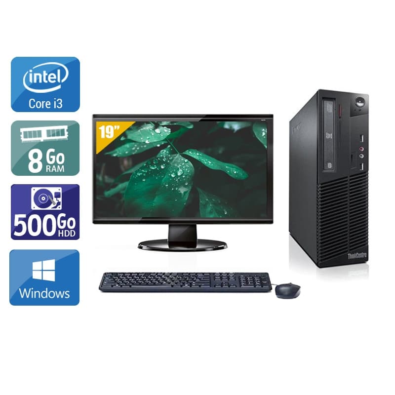 Lenovo ThinkCentre M71 SFF i3 + Écran - 19'' 8Go RAM 500Go HDD Windows 10 Bon étatOccasion certifiée reconditionnée