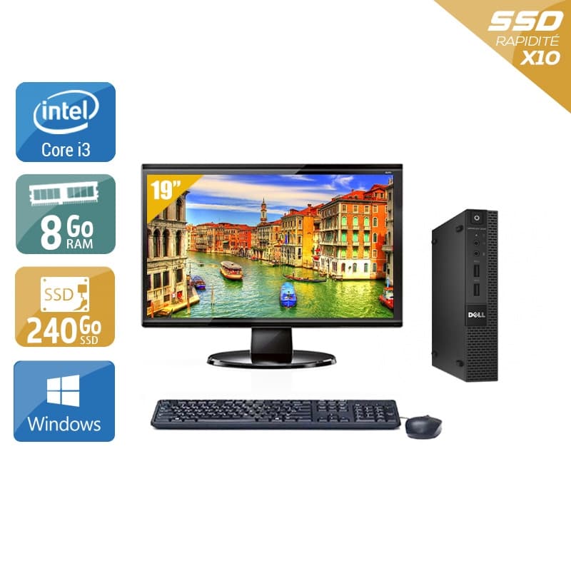 Dell Optiplex 3020M Micro i3 + Écran - 19'' 8Go RAM 240Go SSD Windows 10 Bon étatOccasion certifiée reconditionnée