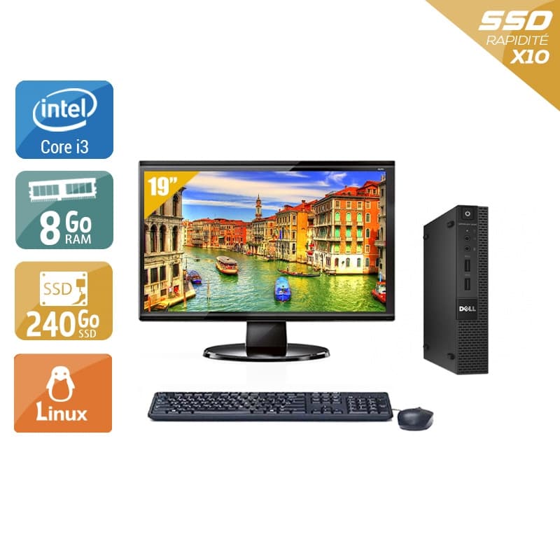Dell Optiplex 3020M Micro i3 + Écran - 19'' 8Go RAM 240Go SSD Linux Bon étatOccasion certifiée reconditionnée