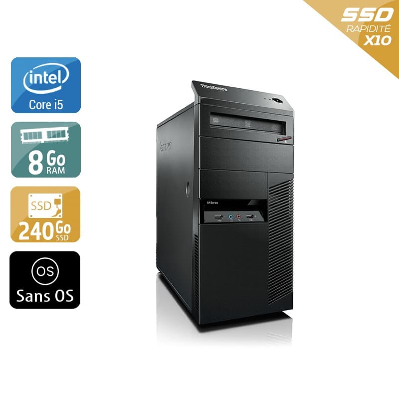 Lenovo ThinkCentre M90 Tower i5 - 8Go RAM 240Go SSD Sans OS Bon étatOccasion certifiée reconditionnée