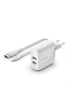 Chargeur secteur 2 ports USB-A, 24W avec câble Lightning