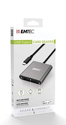 EMTEC, ECCAREADT610C, Lecteur de cartes mémoire USB-C, compatible Micro SD, SD et Compact Flash, design compact et léger, transfert rapide UHS-I, idéal pour les photographes, taille compacte, Noire