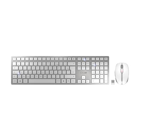 CHERRY DW 9100 Slim, Ensemble Clavier et Souris sans Fil, Disposition Belge (AZERTY), Bluetooth et radio4 GHz, Touches silencieuses, Rechargeable, Blanc argenté