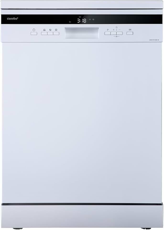 Lave-vaisselle pose libre COMFEE' FD1435E-X pour 14 couverts, grand format, 44 dB, grand écran LED, départ différé, fonctionnalité demi-charge, supports flexibles, blanc