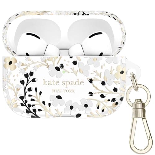 kate spade new york Étui de Protection pour AirPods Pro avec Anneau Porte-clés - Motif Floral Multicolore Noir et Blanc, Compatible avec AirPods Pro 2e/1ère génération