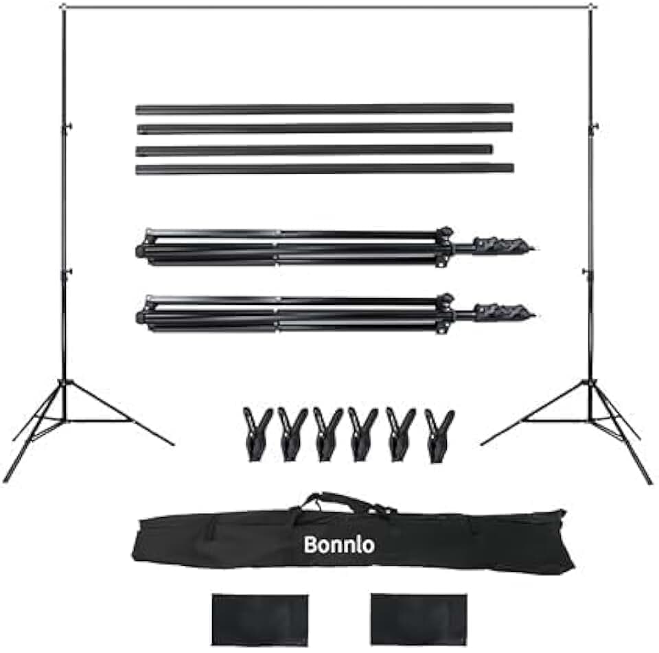 Bonnlo 2 x 3 m Support de Fond Photo, Support Toile de Fond Réglable avec 6 Pinces, Un Sac de Transport et 2 Sacs de Sable, pour Professionnel Fond Studio Photo, Photographie Portrait.