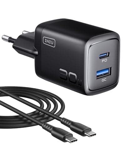 INIU 30W Chargeur USB C, 2-Port Prise USBC Chargeur Rapide avec USBC Câble, PD Type C Adaptateur de Charge Rapide pour iPhone 17 16 15 Pro Max, iPad Macbook Air, Samsung S25 S24 Ultra, Google, Xiaomi