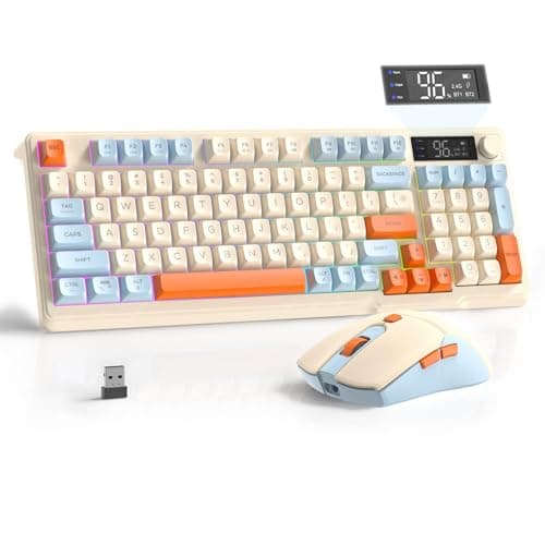 FREEWOLF T96 Clavier et Souris sans Fil, Bluetooth & 2,4G, Touches PBT, Molette Multimédia, Écran LCD, Silencieux, Anti-Ghosting, Disposition QWERTY, Rechargeable, pour Mac/Windows/Linux - Myrtille