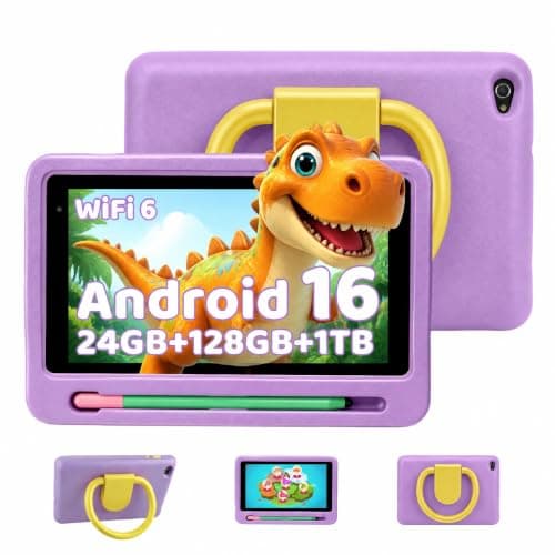 TT.KIDS Android 16 Tablette Enfants 7 Pouces, 24Go RAM 128Go ROM (TF 1To), 5G WiFi Tablette Tactile, Double Caméra HD, Widevine L1/Contrôle Parental/BT 5.4 Tablettes avec étui EVA, Violet