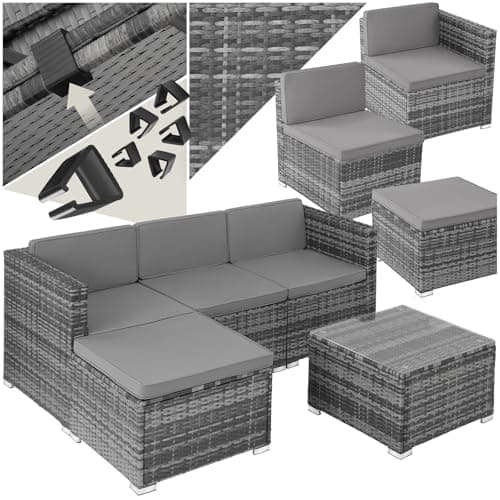 tectake® Ensemble Salon de Jardin Exterieur en Poly Rotin Modulable Canapé 4 Places 3 Fauteuil Salon 1 Tabouret Pouf et 1 Table de Jardin, Mobilier de Jardin pour Amenagement Balcon Terrasse