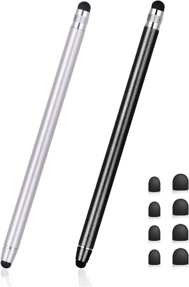 2 Pièces Stylet Universel pour écrans tactiles, Stylet Tactile Capacitif 2 en 1 Compatible avec Smartphones, Tablettes, Samsung Galaxy (Noir + Argenté)